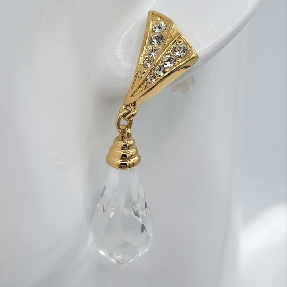 Vintage Gold Tone Earrings Crystal Teardrop #2271